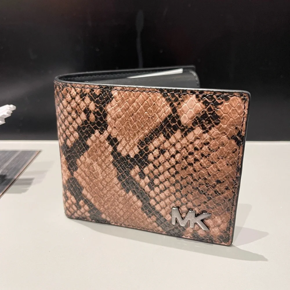 MICHAEL KORS Cyrus Snake Embossed Billfold Wallet With Coin Pouch Driftwood  NWT